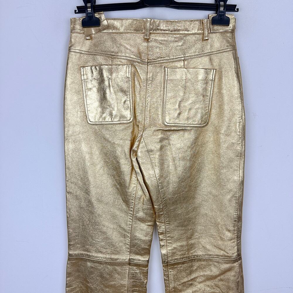 Sandro Metallic Lambskin Leather Kick Flare Pants Gold Ankle Crop FR 36 US 4 NWT - Picture 12 of 16